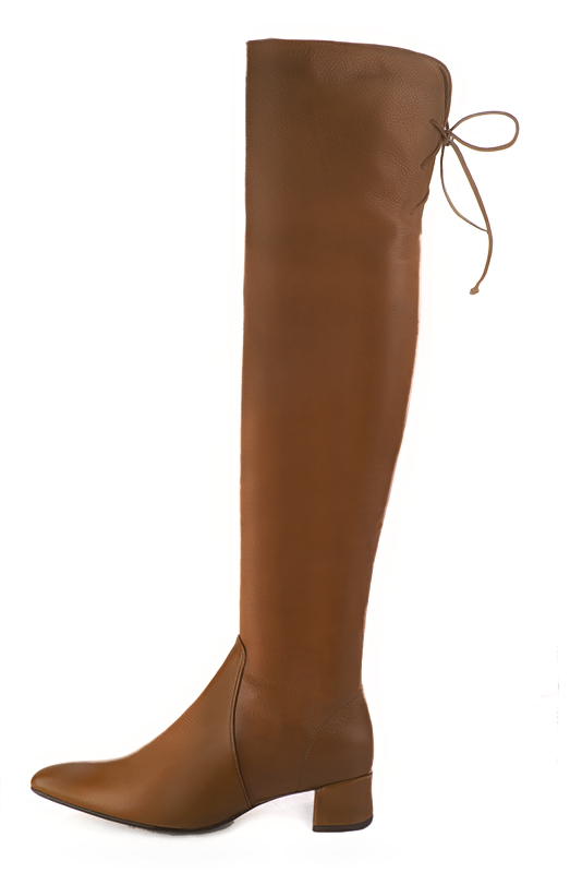 Caramel brown women's leather thigh-high boots. Tapered toe. Low flare heels. Made to measure. Profile view - Florence KOOIJMAN